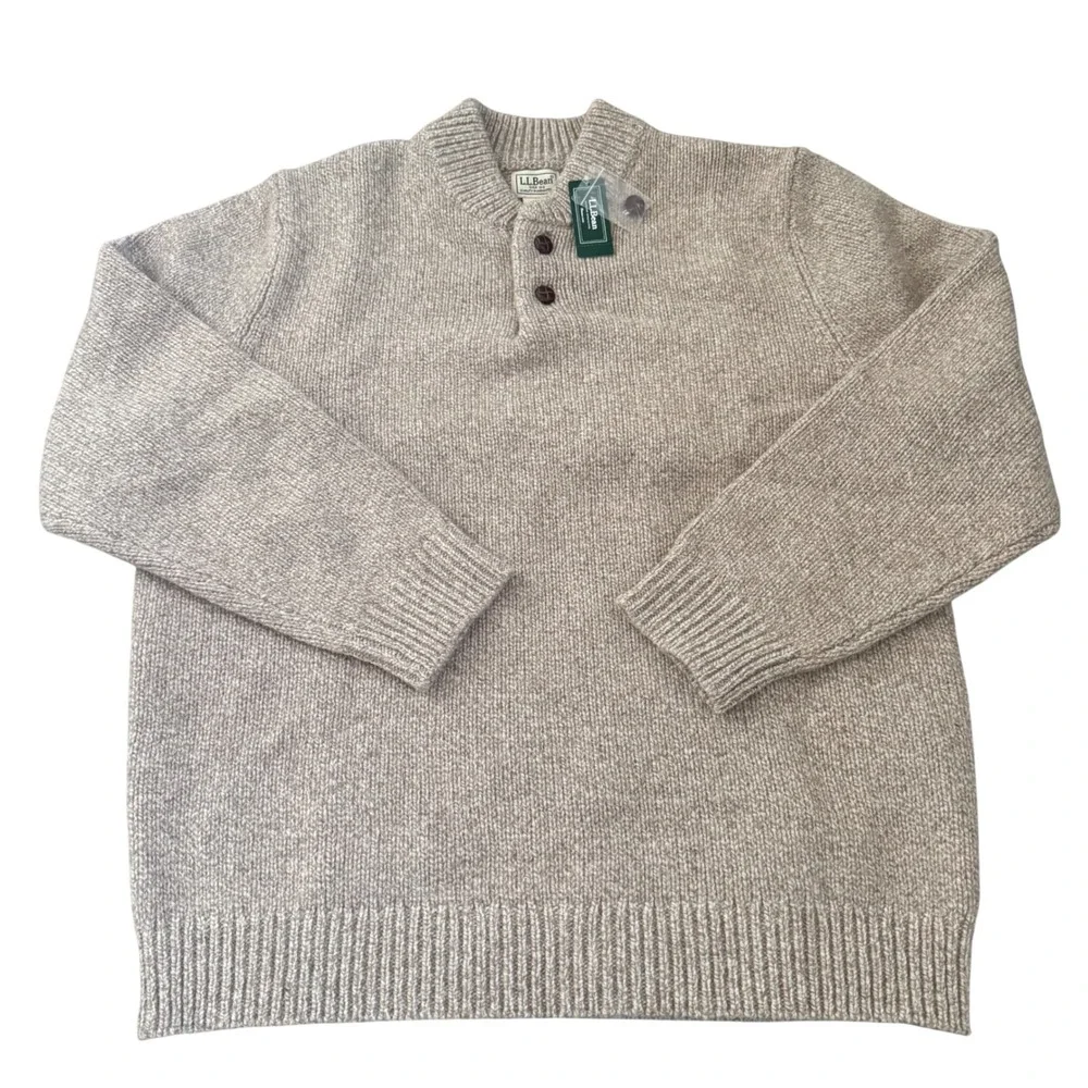 LL‎ Bean Mens Lambswool Henley Sweater XL Oatmeal Heather 285174 NWT